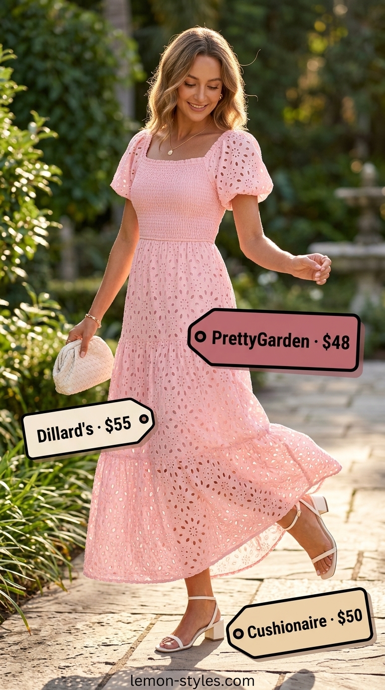 Modest summer maxi outfit for women 2026: Blush pink eyelet lace maxi dress for garden party.