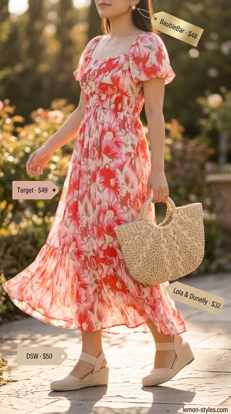 Modest summer maxi outfits for women 2026: Blush pink floral maxi dress, espadrilles, straw tote for garden party.