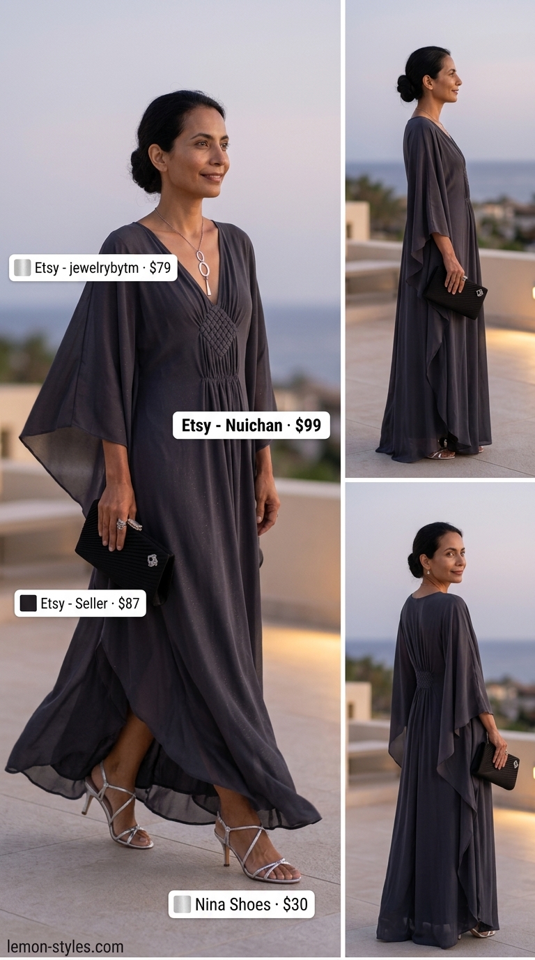 Modest summer maxi outfits for women 2026: Charcoal grey silk maxi dress, silver necklace, black clutch for resort dinner.