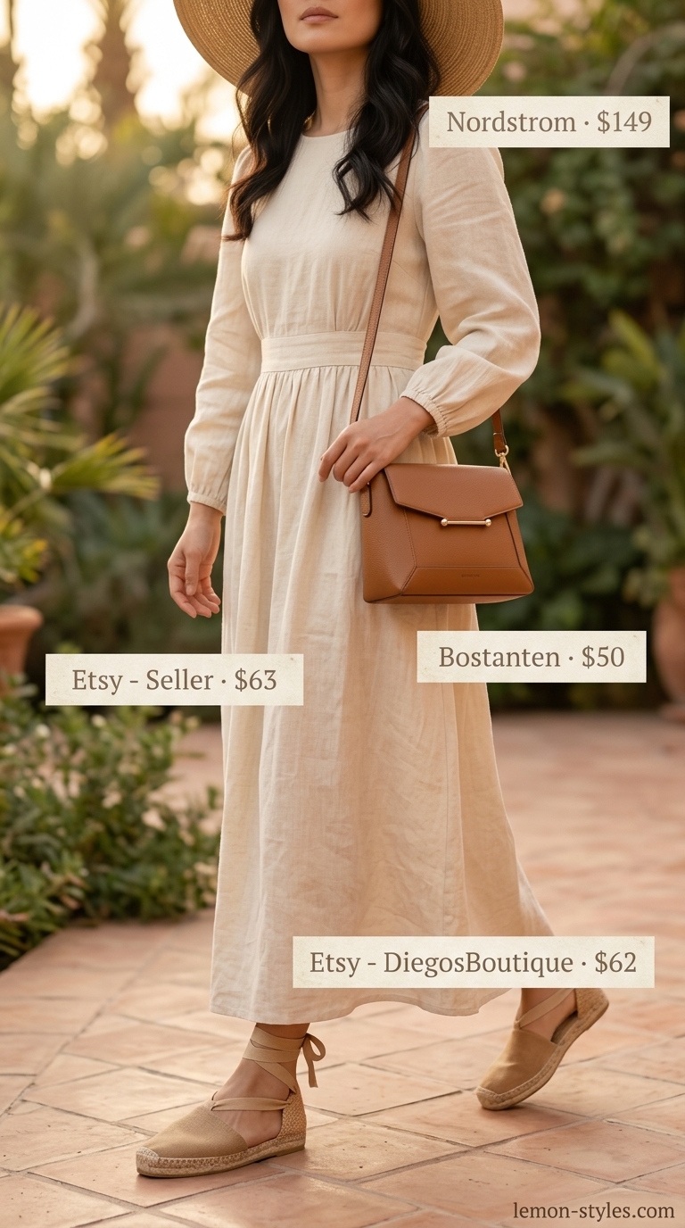 Modest summer maxi outfits for women 2026: Cream gauze maxi dress, straw hat, crossbody bag for summer brunch.