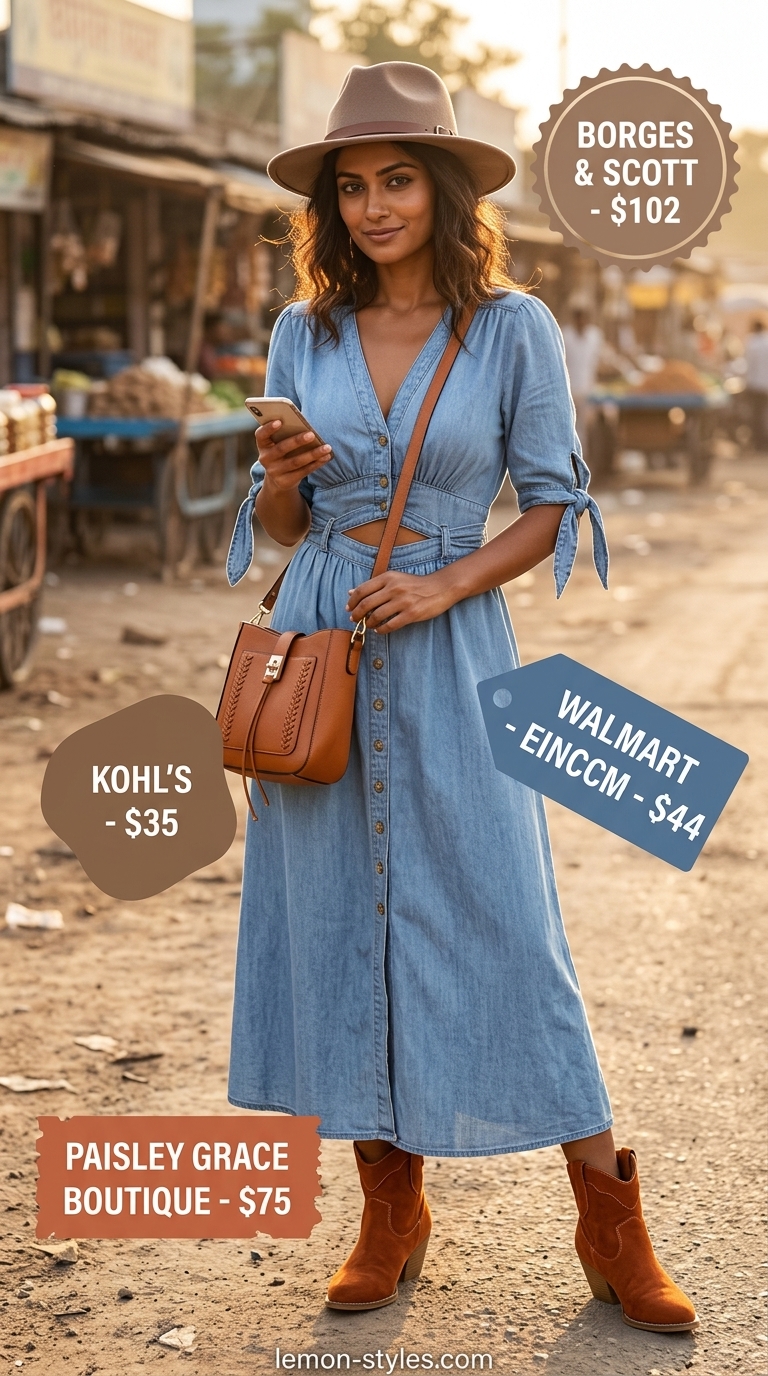 Modest summer maxi outfit for women 2026: Light wash denim maxi dress for desert road trip.