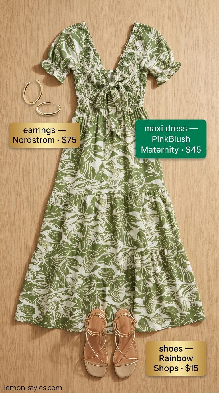 Modest summer maxi outfit for women 2026: Emerald green tropical print maxi dress for resort dinner.