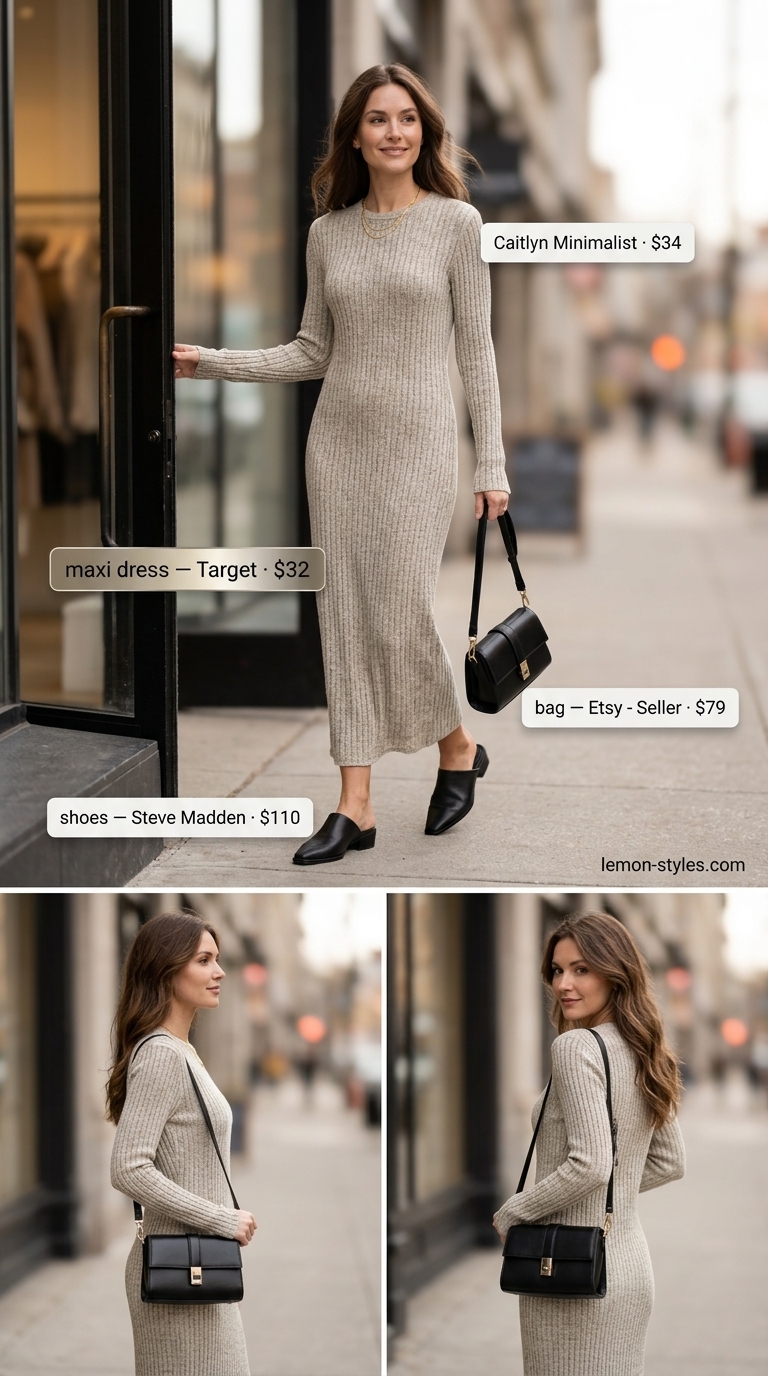 Modest summer maxi outfits for women 2026: Khaki ribbed knit maxi dress, black mules, crossbody bag for city chic.