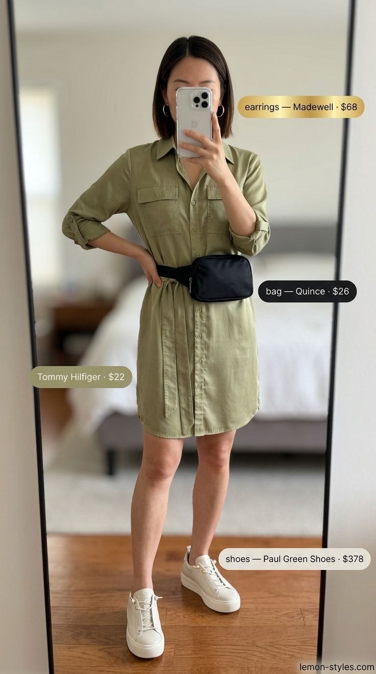 Modest summer maxi outfits for women 2026: Khaki utility dress, platform sneakers, belt bag for city sightseeing.