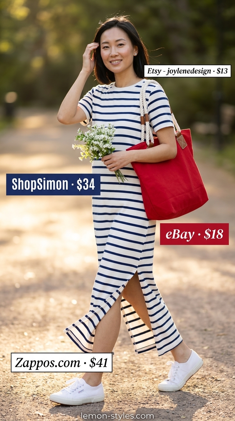 Modest summer maxi outfit for women 2026: Navy stripe t-shirt maxi dress for classic nautical day trip.