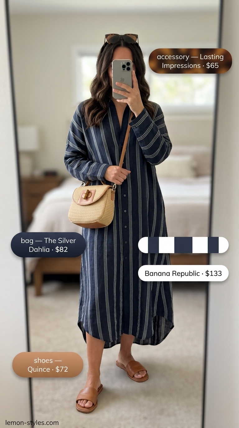 Modest summer maxi outfits for women 2026: Navy stripe shirt dress, leather slides, straw bag for coastal vacation.