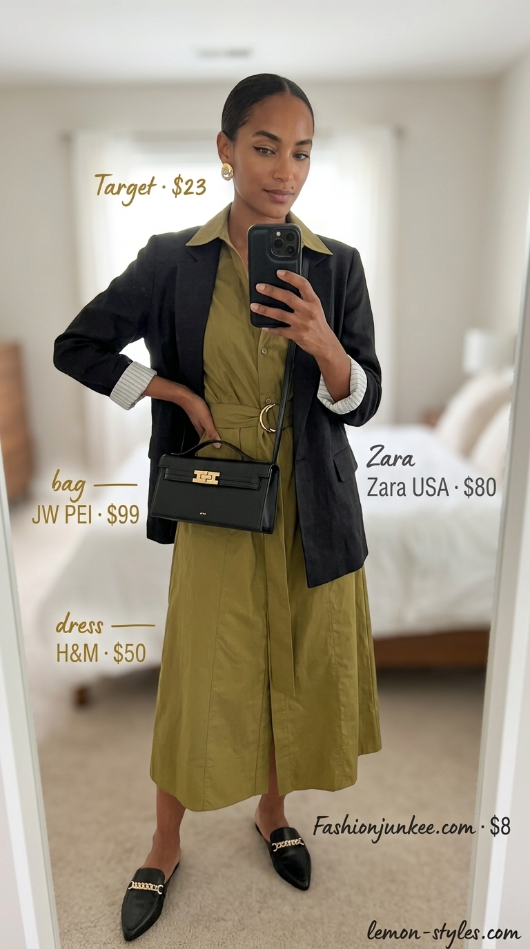 Modest summer maxi outfit for women 2026: Olive green shirt dress, black blazer & tote for art gallery opening.