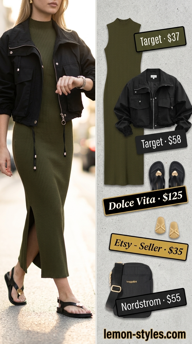 Modest summer maxi outfit for women 2026: Olive green knit dress with utility jacket for urban chic.