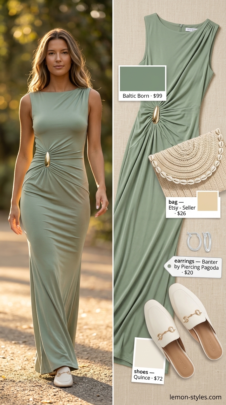Modest summer maxi outfit for women 2026: Sage green linen dress, off-white mules, straw clutch for lakeside getaway.