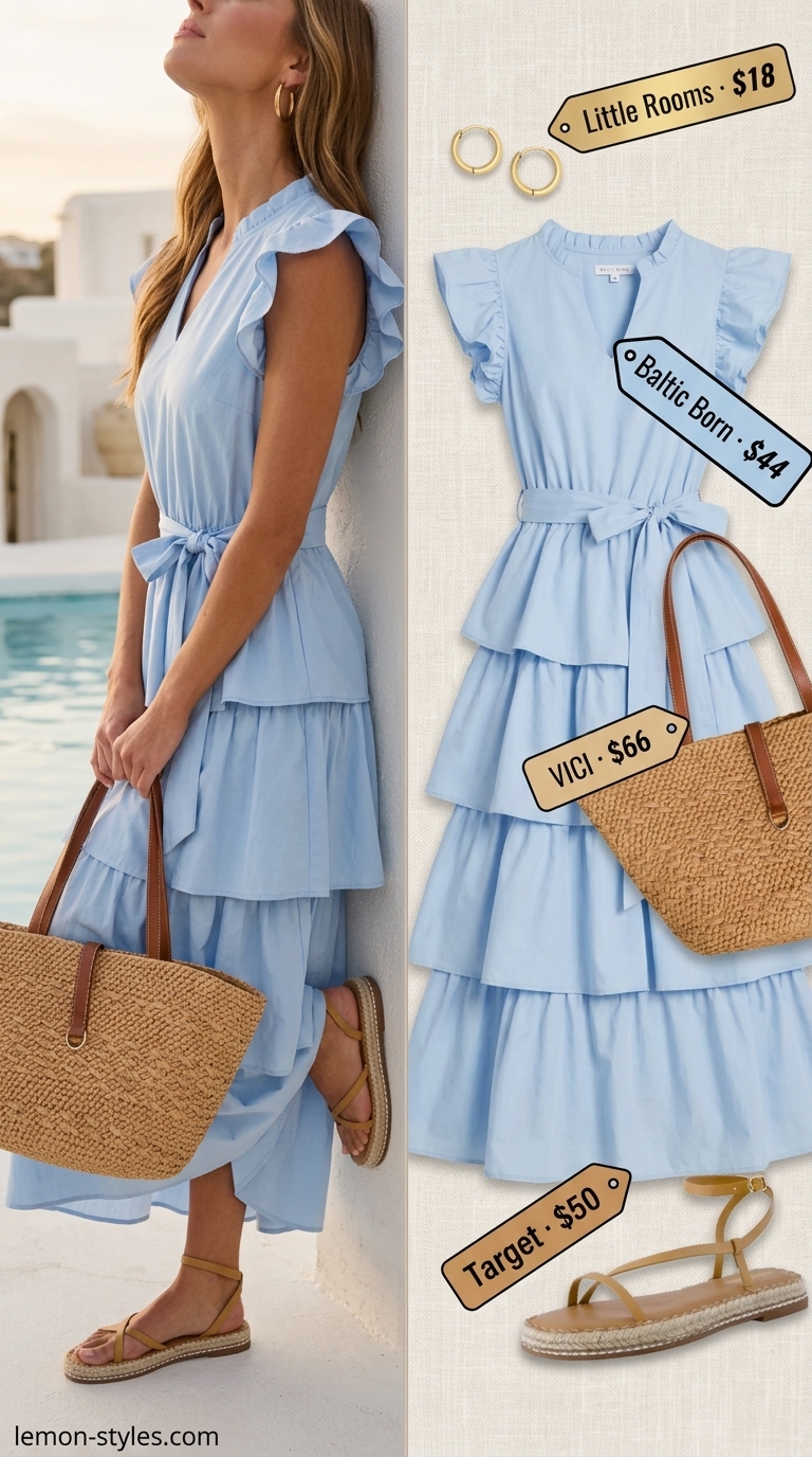 Modest summer maxi outfits for women 2026: Sky blue tiered maxi dress, espadrilles, straw tote for beachside brunch.