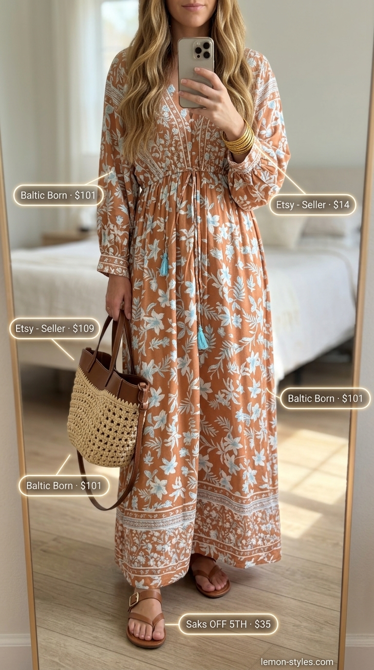 Modest summer maxi outfits for women 2026: Terracotta print caftan dress, gold jewelry, straw tote for beach vacation.