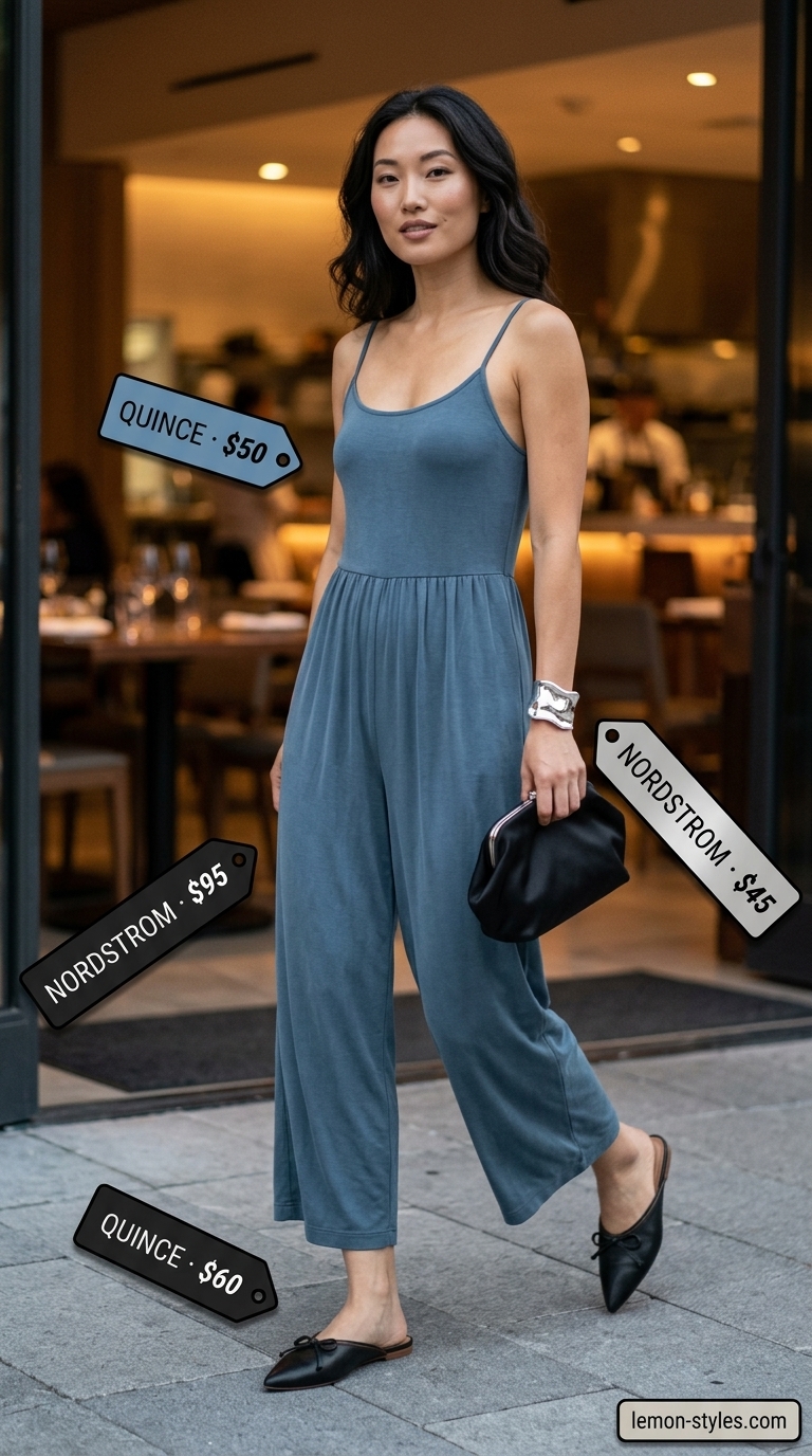 Monochrome minimalist summer outfits for women 2026: Dove grey wide-leg jumpsuit, black mules, silver bracelet. Evening.