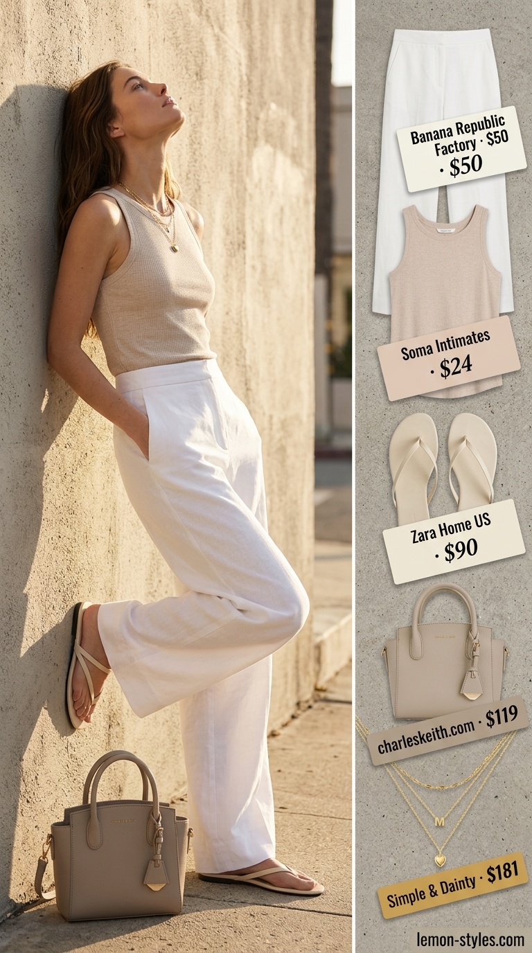 Monochrome minimalist summer outfits for women 2026: Ivory linen pants, cream knit top, nude sandals. Relaxed chic.