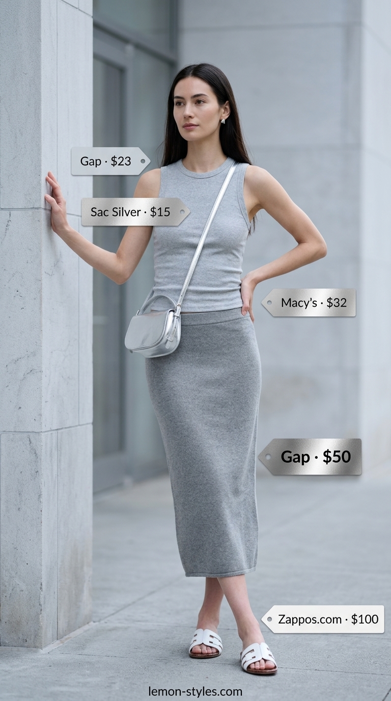 Monochrome minimalist summer outfits for women 2026: Dove grey midi skirt, white slides, grey crossbody. Casual daytime.