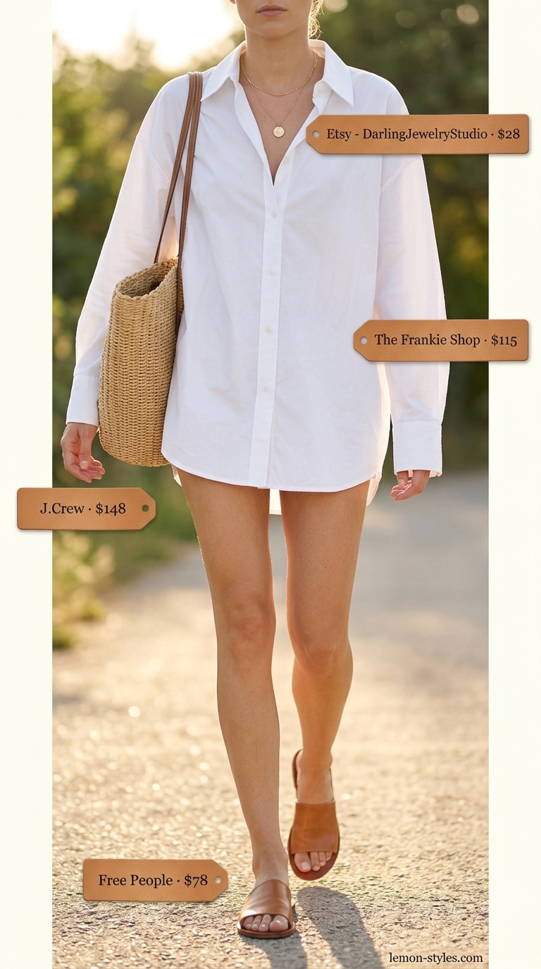 Monochrome minimalist summer outfits for women 2026: White oversized shirt, tan sandals, straw tote. Relaxed casual.