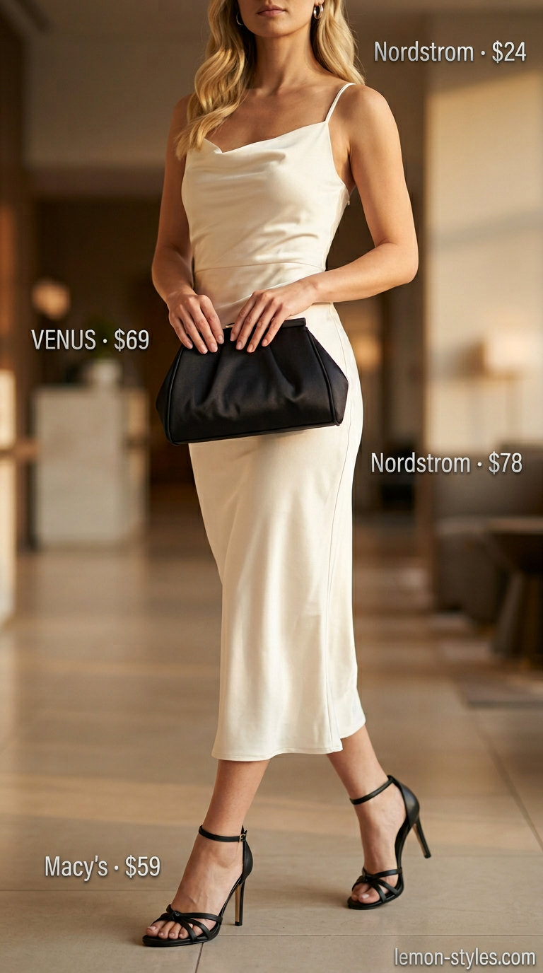 Monochrome minimalist summer outfits for women 2026: Ivory slip dress, black heels, silver earrings. Elegant evening.