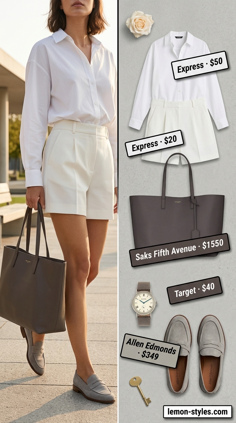 Monochrome minimalist summer outfit 2026: Ivory tailored shorts, white oversized shirt, grey loafers. Smart casual.