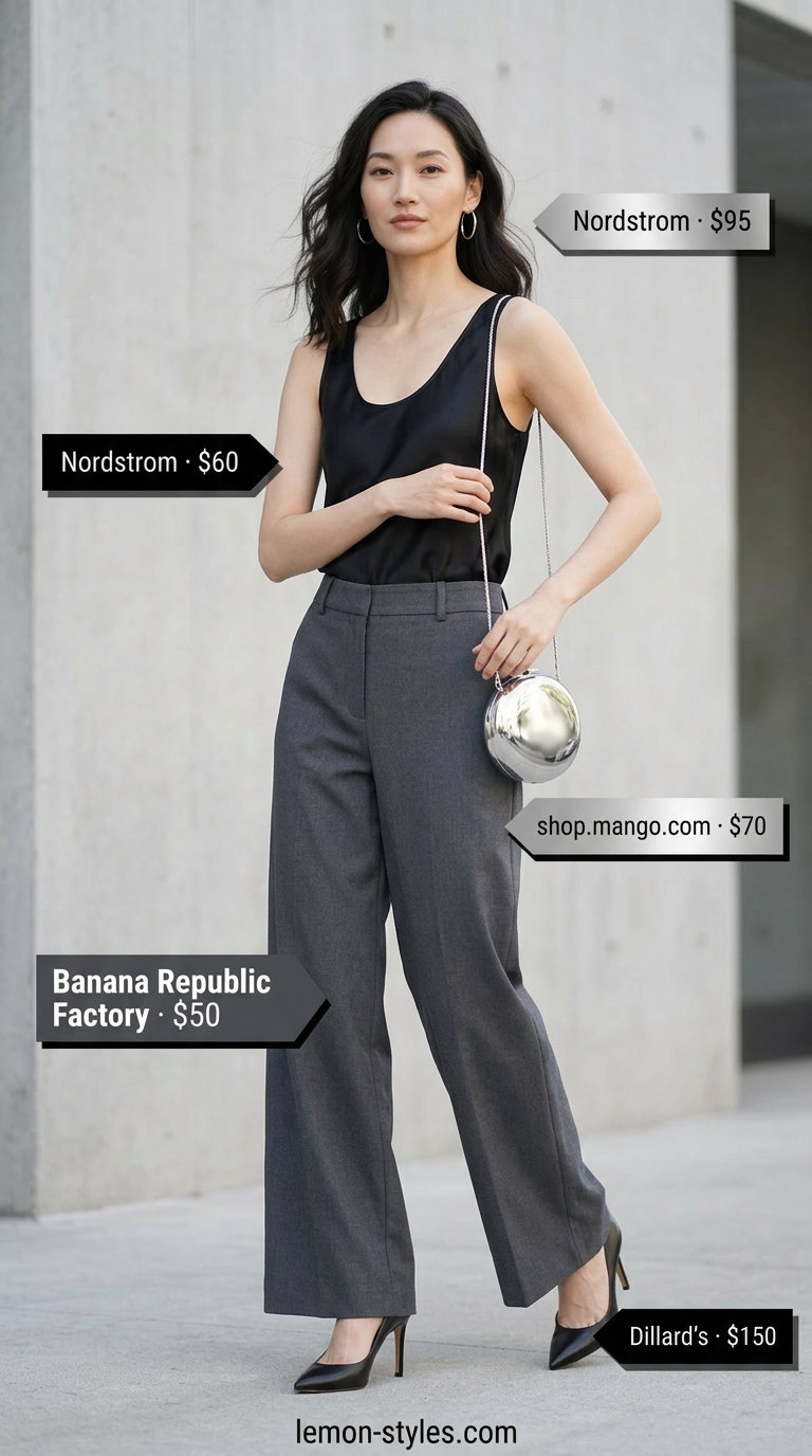Monochrome minimalist summer outfits for women 2026: Charcoal wide-leg pants, black fitted tank, silver heels. Evening.