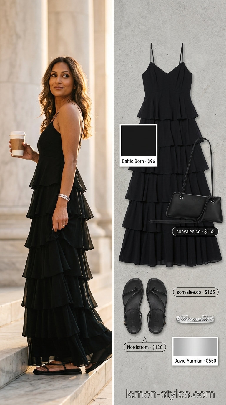 Monochrome minimalist summer outfits for women 2026: Flowing black maxi dress, black slides, silver cuff.
