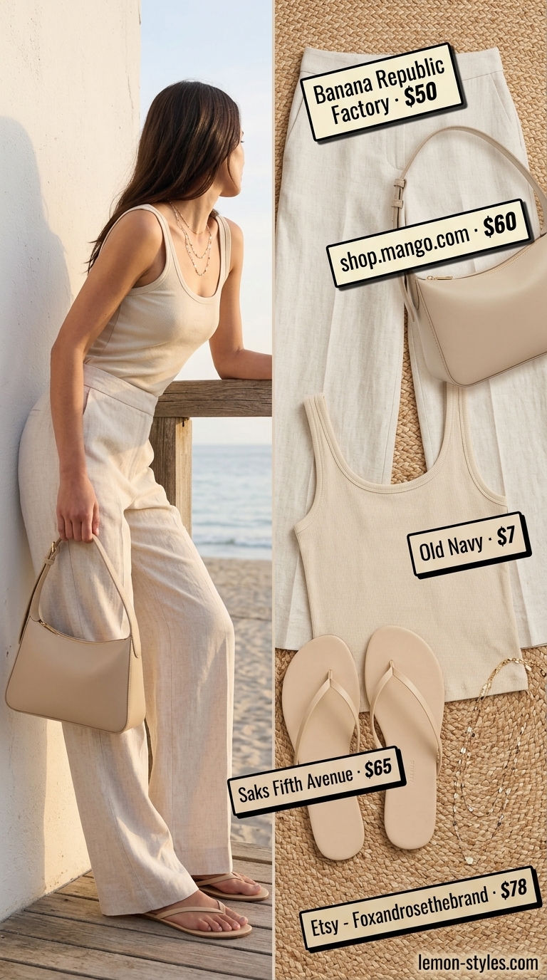 Monochrome minimalist summer outfits for women 2026: Ecru linen pants, beige tank, nude sandals, gold necklaces.