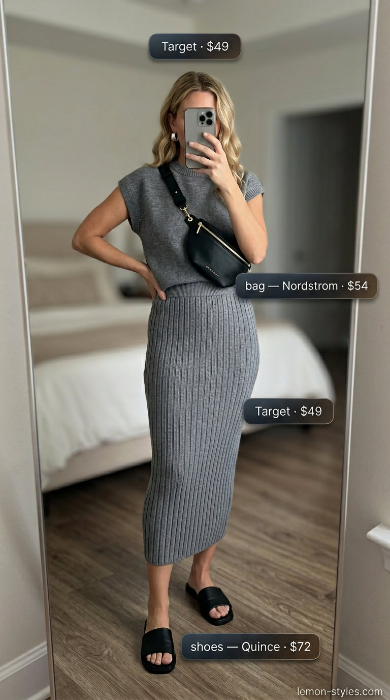 Monochrome charcoal grey knit skirt set outfit for women 2026. Comfortable, stylish for casual chic.