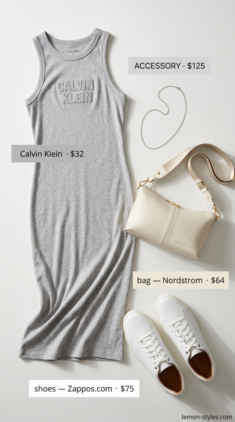 Monochrome minimalist summer outfits for women 2026: Grey knit dress, white sneakers, silver necklace.