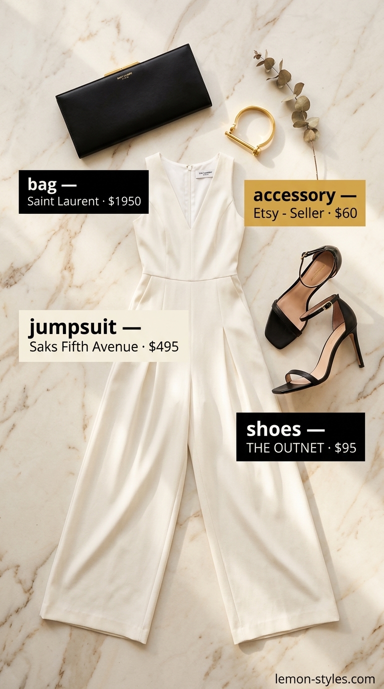 Monochrome ivory wide-leg jumpsuit outfit for women 2026. Sophisticated for summer evening out.