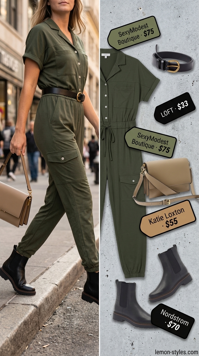 Monochrome minimalist summer outfits for women 2026: Olive utility jumpsuit, black boots, tan crossbody bag.
