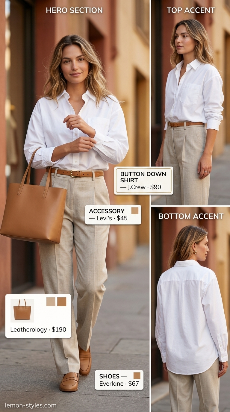 Monochrome minimalist summer outfits for women 2026: Oversized white shirt, beige trousers, tan belt and loafers.