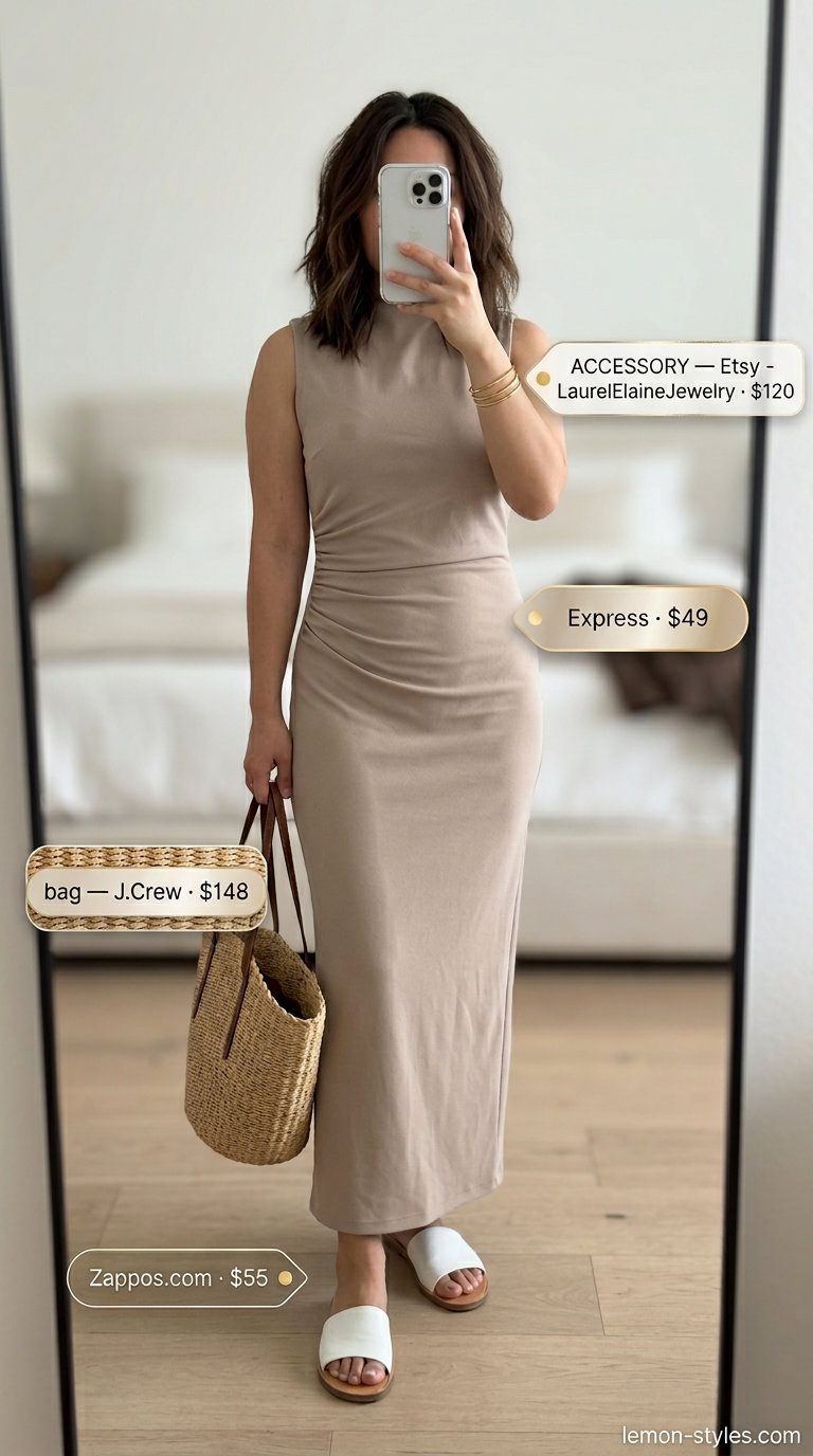 Monochrome minimalist summer outfits for women 2026: Stone maxi dress, white sandals, straw tote, gold bangles.