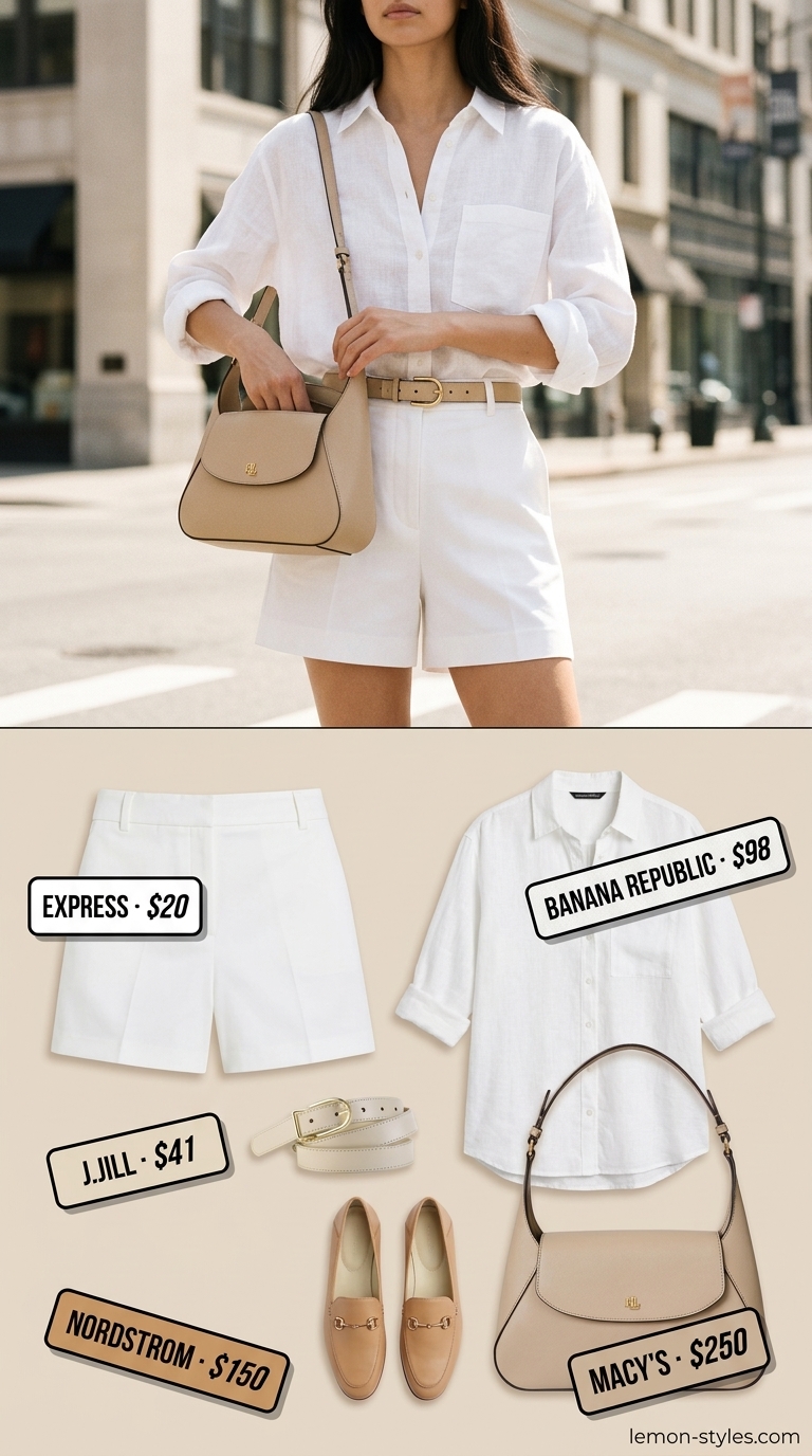 Monochrome minimalist summer outfits for women 2026: White tailored shorts, oversized white shirt, beige loafers.