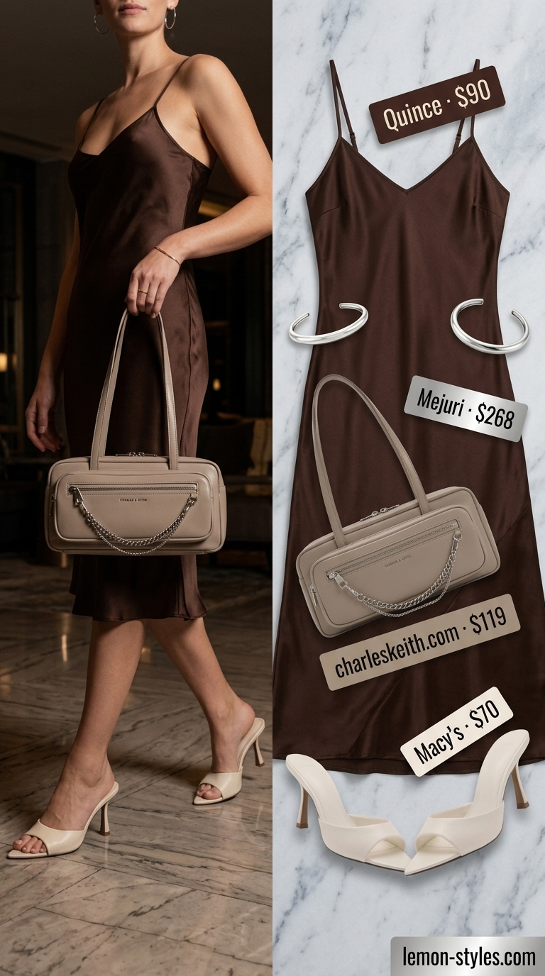 Monochrome minimalist taupe slip dress outfit for women 2026. Elegant for date night, summer events.