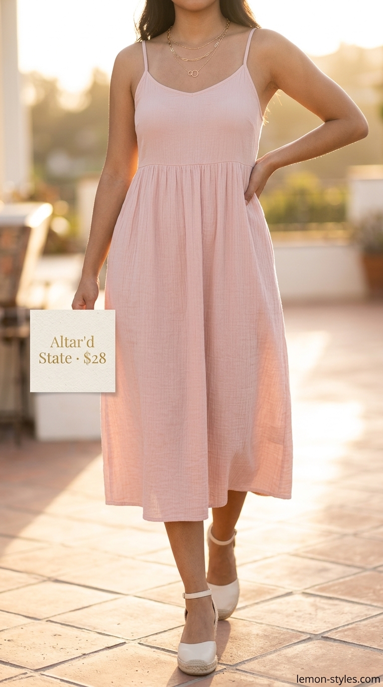 Monochrome pink summer outfit 2026: Blush pink sundress, wedge espadrilles, crossbody bag.