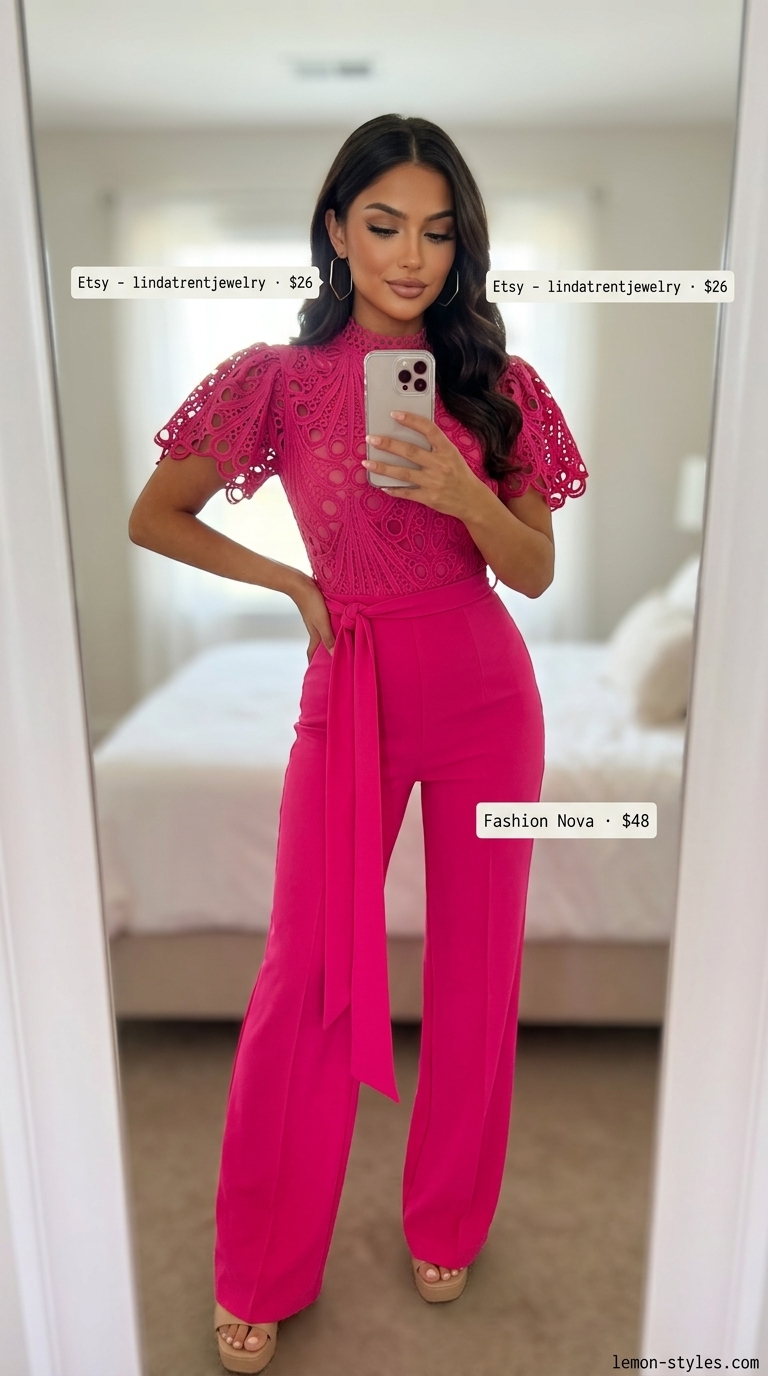 Monochrome pink summer outfit 2026: Hot pink jumpsuit, silver heels, black clutch.
