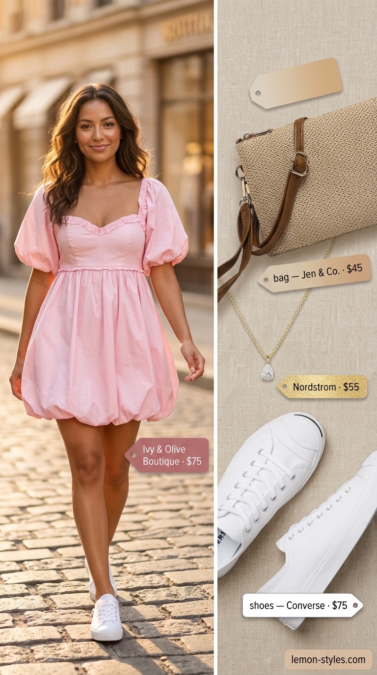 Monochrome pink summer outfit 2026: Rose pink sundress, white sneakers, straw bag, gold necklace.