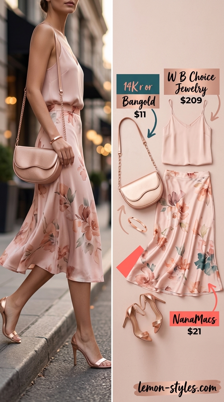 Monochrome pink summer outfit for women 2026: Dusty rose wide-leg pants, ribbed tank, rose gold accessories.