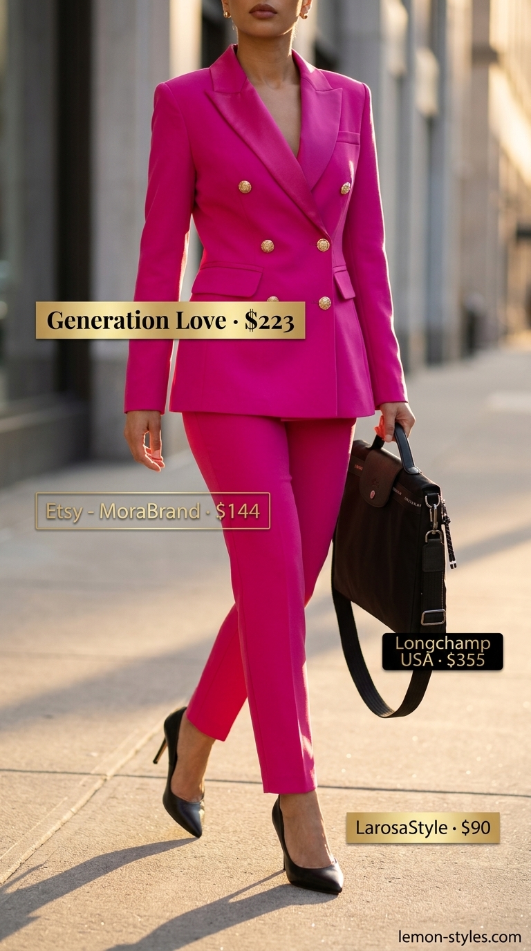 Monochrome pink summer outfit for women 2026: Fuchsia power suit with white cami, black pumps for business.