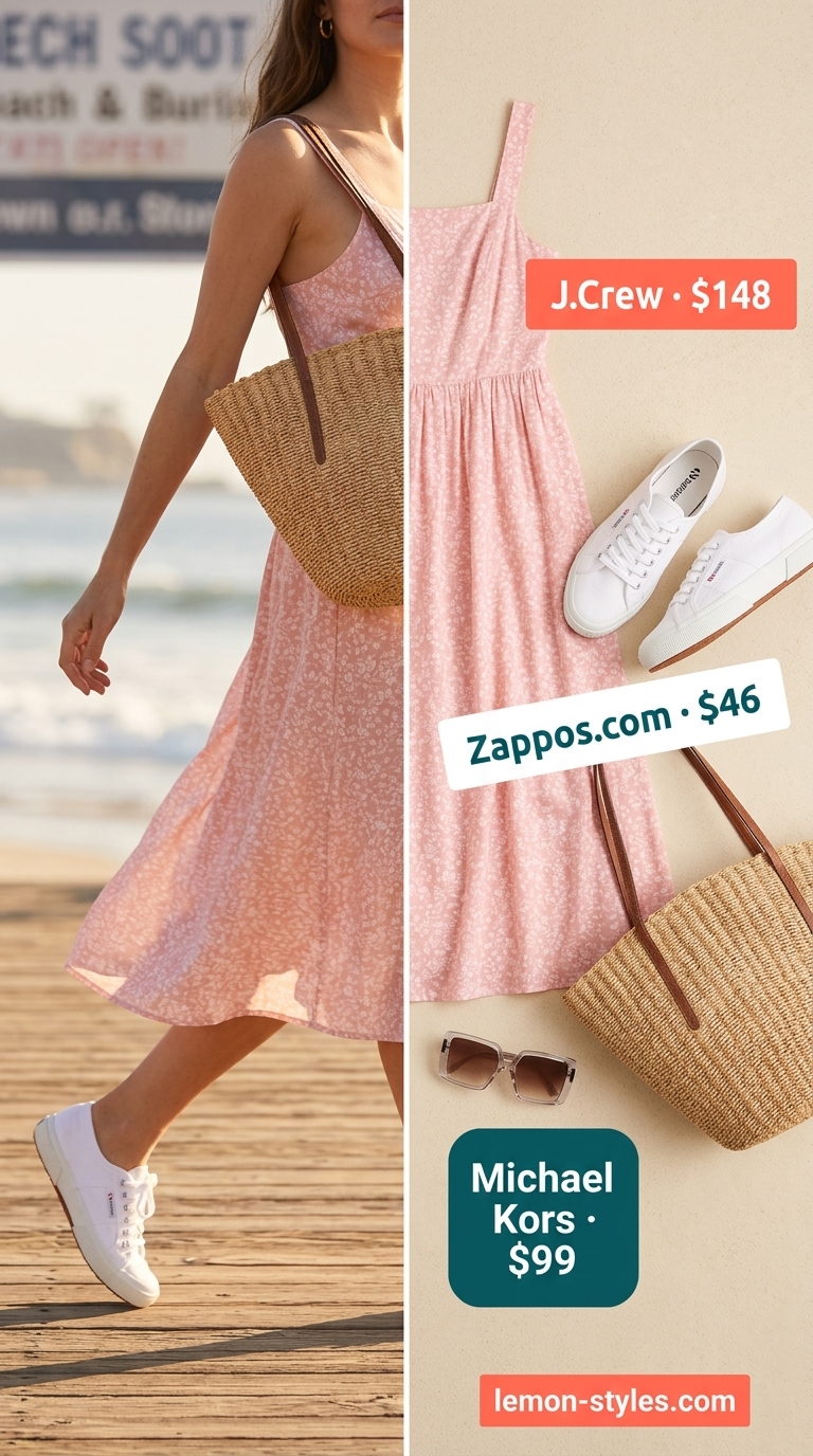 Monochrome pink summer outfit for women 2026: Pink gingham sundress, white sneakers, straw tote for beach.