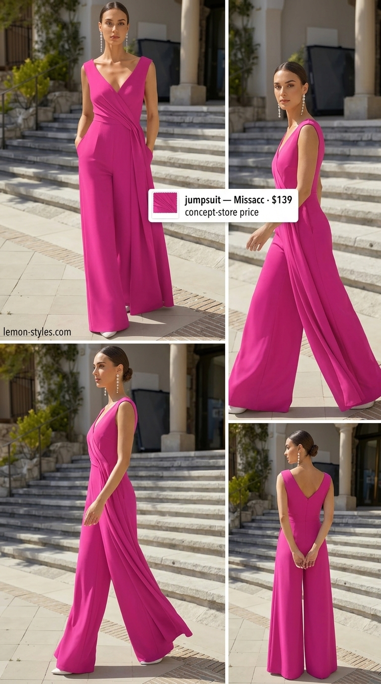 Monochrome pink summer outfit for women 2026: Hot pink wide-leg jumpsuit, black clutch, and strappy heels for a night out.