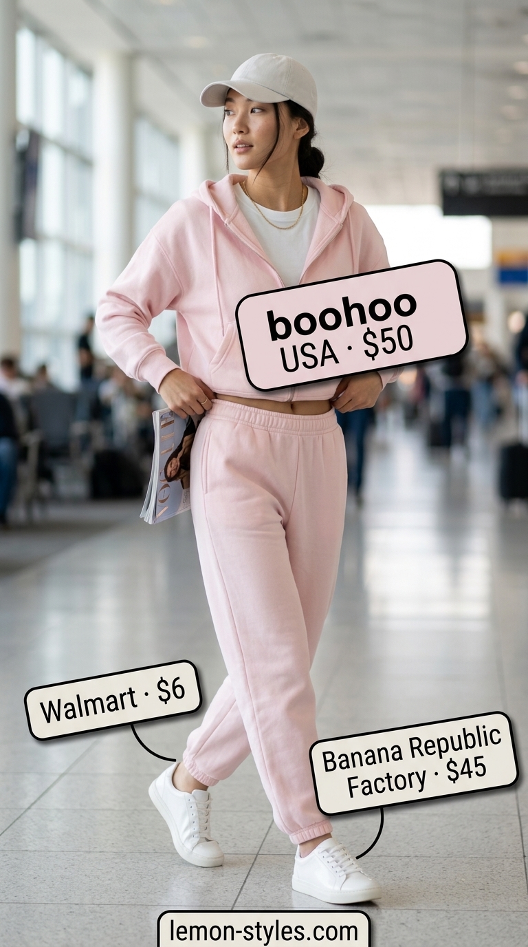 Monochrome pink summer outfit for women 2026: Soft pink athleisure set, white sneakers, baseball cap for travel.