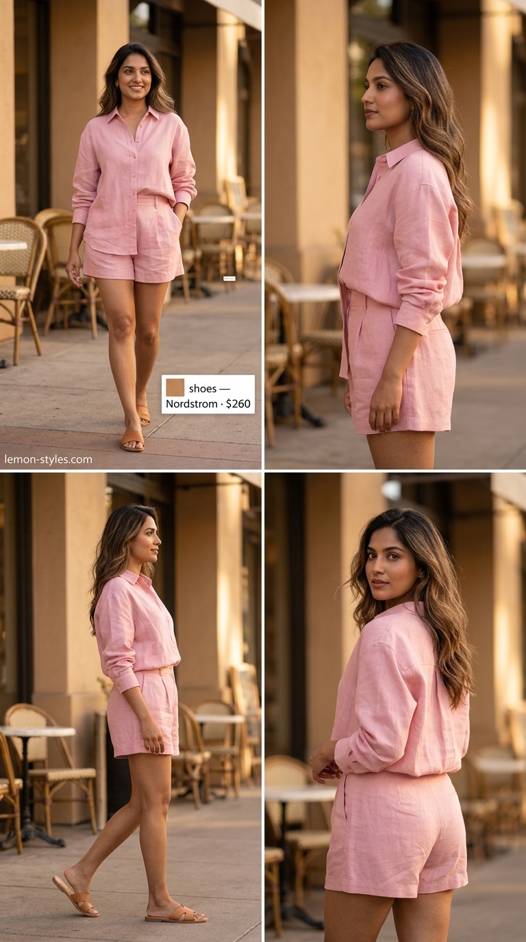 Monochrome pink summer outfit for women 2026: Millennial pink linen set with cropped shirt, white tote, and tan sandals.