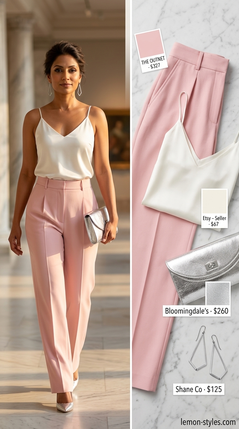 Monochrome pink summer outfit for women 2026: Blush pink power suit with blazer, trousers, satin cami, and silver clutch.