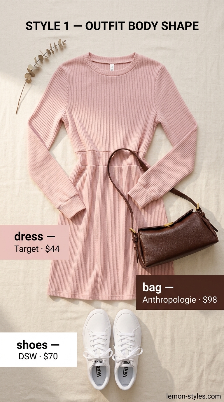 Monochrome pink summer outfit for women 2026: Pastel pink knit sweater dress, white sneakers, and tan crossbody bag.