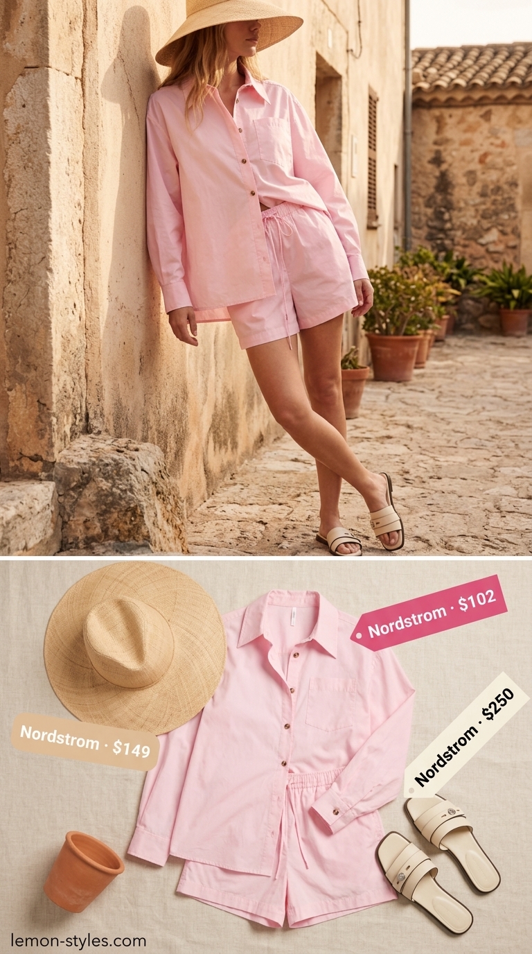 Monochrome pink summer outfit for women 2026: Powder pink linen set, cream slides, straw hat for travel.