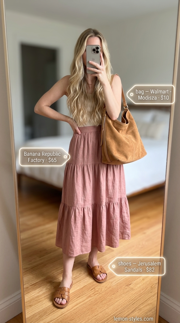 Monochrome pink summer outfit for women 2026: Rose quartz linen midi skirt, white linen tank, wood beads, and tan slides.