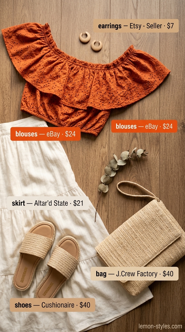 Burnt orange off-shoulder eyelet blouse with ruffled sleeves, ivory maxi skirt for al fresco dinner outfits 2026.