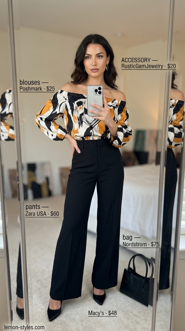 Artistic abstract print off-shoulder summer blouse 2026 with tailored trousers for an art gallery opening.