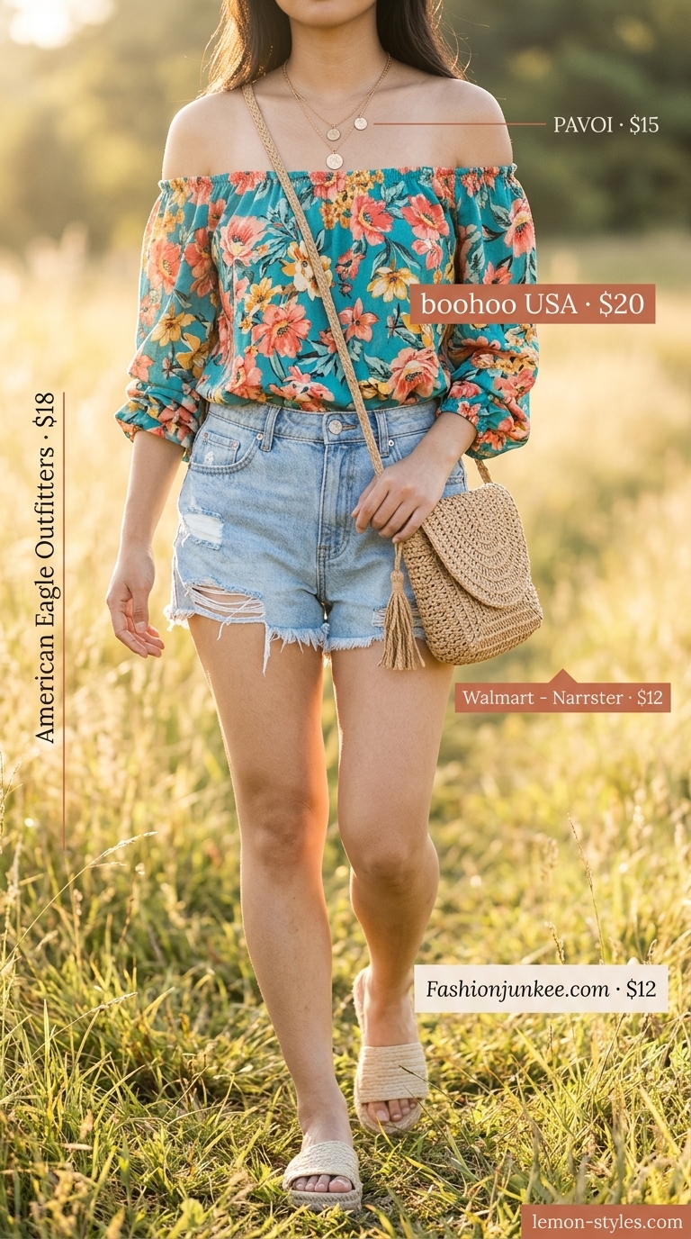Bohemian off-shoulder summer blouse 2026 in floral print with denim shorts for a music festival or picnic.