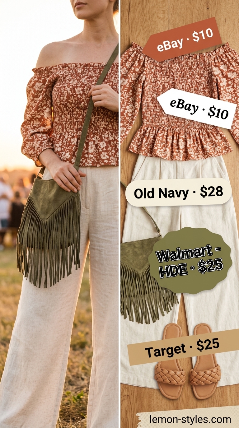 Bohemian terracotta floral off-shoulder tunic with cream linen pants for an outdoor concert. Off shoulder summer blouses 2026.
