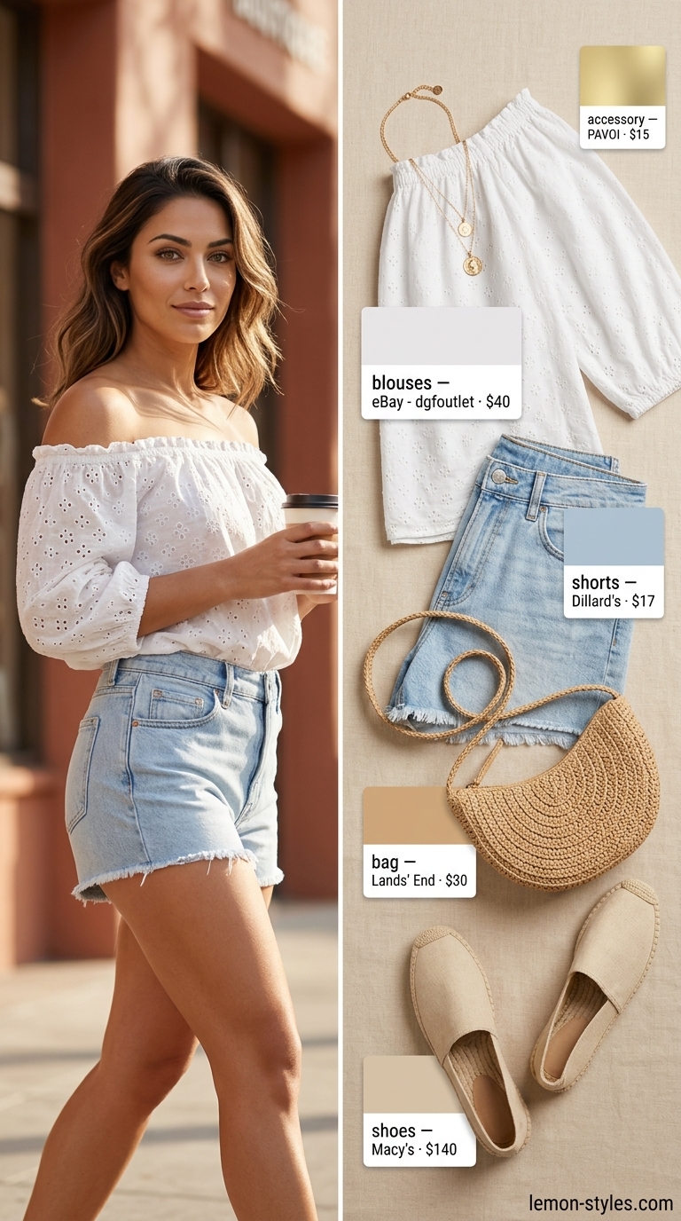 White off-shoulder peasant blouse with eyelet embroidery for boho beach outfits 2026.